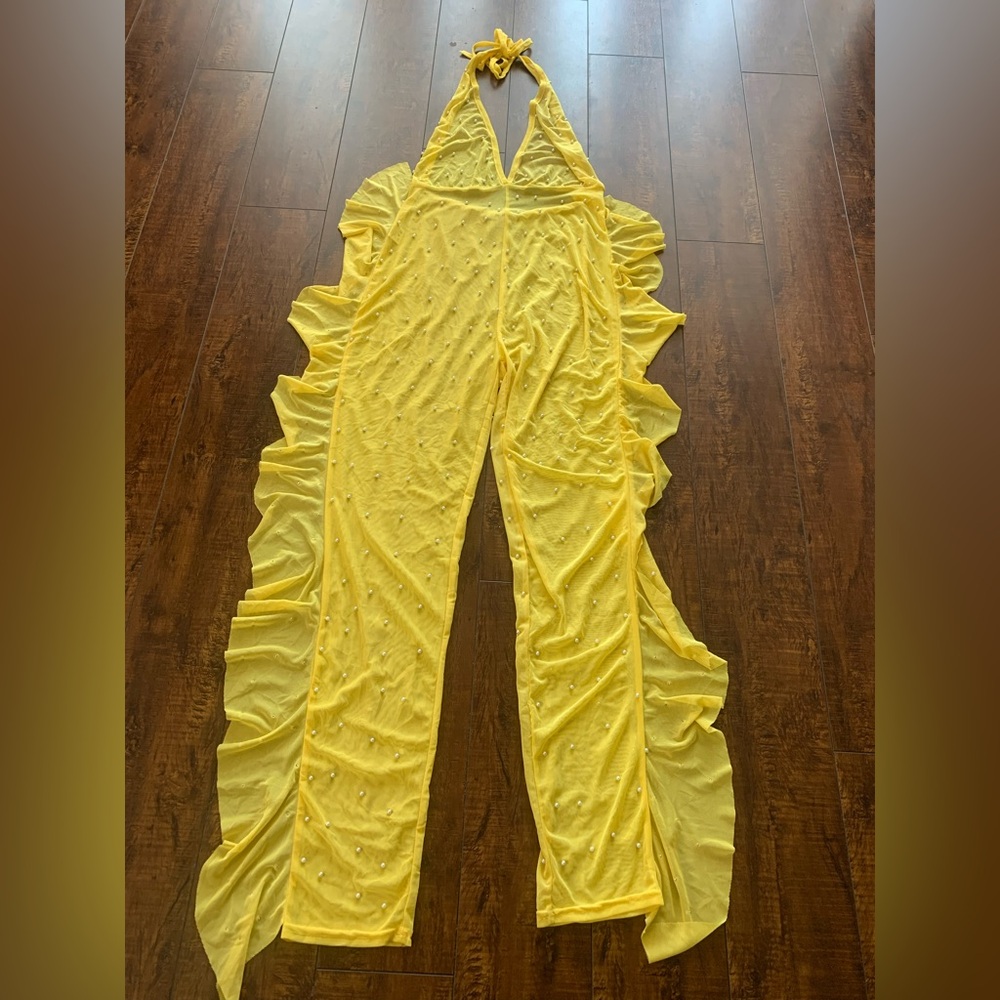 My Boo Yellow Halter Ruffle Jumpsuit Fully Faux Pearl Embellished Sheer Small